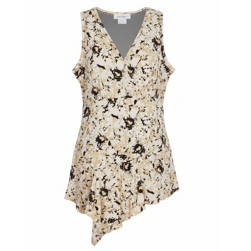Y2K Cream Asymmetrical Hem Sleeveless Top Brown Floral Cottage Fairy Size M